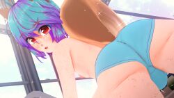 1boy 3d areolae benji_(senpien’t) bikini_bottom blue_and_purple_hair bulge dog_ears dog_tail dyed_hair freckles freckles_on_ass freckles_on_butt freckles_on_face freckles_on_thighs kemonomimi koikatsu mastectomy_scar original_character plump_ass pool red_eyes senpien’t tagme tail trans_man
