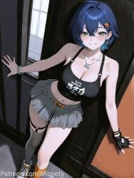 ai_generated alternate_costume artist_name asymmetrical_legwear bare_arms bare_shoulders belle_(zenless_zone_zero) belt black_footwear black_gloves black_shirt black_sports_bra black_thighhighs blue_hair blush bracelet breasts cleavage clothes_writing collarbone crop_top crossed_bangs doorway dutch_angle earrings female fingerless_gloves gloves green_eyes grey_skirt grin hair_between_eyes hair_intakes hair_ornament hairclip indoors jewelry kneehighs large_breasts letter_hair_ornament looking_at_viewer midriff miniskirt mionety mismatched_legwear navel necklace o-ring orange_socks patreon_username pleated_skirt pov_doorway shirt shoes short_hair single_glove single_kneehigh single_sock single_thighhigh skindentation skirt sleeveless sleeveless_shirt smile sneakers socks solo standing stomach tank_top teeth thigh_strap thighhighs thighs uneven_legwear white_skirt window zenless_zone_zero