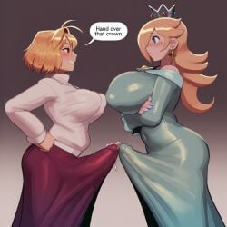 2futas 2girls ai_assisted ai_generated arcueid_brunestud blonde_hair blue_eyes blush bulge_through_clothing clothed crossover crown english_text futanari kokenaart large_breasts large_penis lipstick melty_blood_arcueid_figure_(meme) penis penises_touching precum princess_rosalina red_eyes rosalina_bulge_(meme) size_difference smug standing super_mario_bros. tsukihime yuri