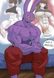 1boy 1girls abs bare_arms bare_legs bare_shoulders bare_thighs big_breasts big_bulge brown_hair bulge bunny_boy bunny_ears color english_text female fit_female hi_res jax_(the_amazing_digital_circus) large_breasts light-skinned_female light_skin male male/female muscles muscular muscular_arms muscular_female muscular_legs muscular_male muscular_thighs pants_bulge pomni_(the_amazing_digital_circus) short_hair sirgabs text the_amazing_digital_circus thick_thighs underboob