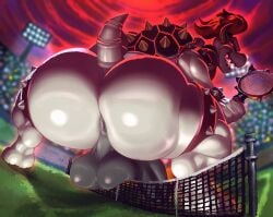 1boy absurd_res anthro anus ass balls big_balls big_butt big_penis bone bracelet collar digital_media_(artwork) dry_bowser genitals hair hi_res horns huge_balls huge_butt huge_cock huge_thighs jewelry klent koopa looking_back macro male male_only mario_(series) nintendo open_mouth penis reptile scalie shell skeleton solo solo_male spikes teeth tennis_court tennis_racket thick_thighs undead