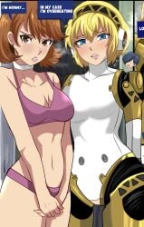 2girls aigis_(persona) android android_girl blonde_hair blue_eyes bra brown_eyes brown_hair chocker comic comic_page horny indoors karbuitt makoto_yuki medium_breasts panties persona persona_3 persona_3_portable persona_3_reload short_hair underwear yukari_takeba