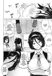 1futa 1girls amorigawa_kaiko amorigawa_mayu big_breasts black_and_white blush clothing comic cumming dialogue doujinshi exhibitionism female futanari loafers long_hair monochrome open_mouth public sanagi_torajirou school_uniform schoolgirl shirt short_hair sisters speech_bubble text wide_eyed