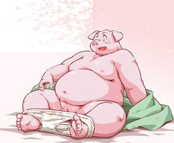 2020 anthro belly blush bodily_fluids clothing cum domestic_pig genital_fluids genitals kemono male male_only mammal moobs nipples overweight overweight_male penis pink_body sitting solo suid suina sus_(pig) takagi_kyou underwear