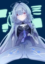 :o absurdres albino arm_at_side ass_visible_through_thighs beef_stroganof blue_background blue_pussy bottomless bracelet breasts censored clothes_lift colored_eyelashes colored_pussy commentary_request cowboy_shot crystal_shards earrings expressionless female gold_bracelet gold_ring gradient_clothes gradient_shirt hair_intakes hair_ornament hair_over_one_eye halo highres holographic_interface id_card jacket jellyfish_cut jewelry large_variant_set leg_tattoo lifting_own_clothes light_blush long_hair looking_at_viewer mornye_(wuthering_waves) mosaic_censoring open_clothes open_jacket pale_skin parted_lips partial_commentary presenting presenting_pussy purple_shirt pussy red_eyes ring see-through_body shirt shirt_lift short-sleeved_jacket short_sleeves simple_background sitting small_breasts solo spread_legs tacet_mark_(wuthering_waves) tattoo thighs triangle_earrings triangle_hair_ornament uterus variant_set very_long_hair white_eyelashes white_hair white_halo white_jacket wuthering_waves x-ray