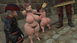 female_pubic_hair ffxiv final_fantasy_xiv gpose(ffxiv) gpose_(ffxiv) huge_ass huge_breasts inverted_nipples lalafell momodi_modi on_wall shortstack tataru_taru thick_thighs wall