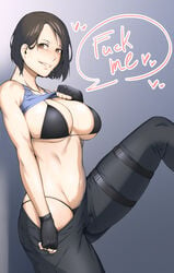 1girls abs big_breasts biting_lip blue_eyes bra breasts brown_hair capcom dyun female female_only flashing inviting jill_valentine jill_valentine_(sasha_zotova) presenting_breasts presenting_panties profanity resident_evil resident_evil_3 resident_evil_3_remake seductive short_hair solo source_request text thong underboob