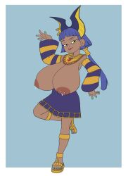 alternative_bust_size animal_ears anubia anubia_(potionomics) bangs bare_shoulders blue_background blue_hair blunt_bangs border bracelet breasts choker cleavage clothing dark-skinned_female dark_skin detached_sleeves dress earrings egyptian egyptian_clothes feet female female_only fingernails flat_color footwear full_body full_color gfd43 green_nails green_nails_ hair_ornament hair_tubes hand_up huge_breast jewelry lactation large_breasts leg_up lips lipstick loli_face_and_big_boobs long_hair long_sleeves looking_at_viewer low_twintails makeup nail_polish outside_border parted_lips pose potionomics puffy_sleeves purple_dress purple_hair sandals simple_background smile solo standing standing_on_one_leg striped tail thighs tied_hair toenail_polish toenails toes topless twintails white_border wide_sleeves yellow_eyes