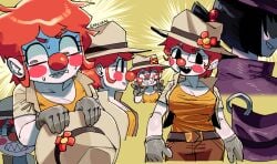 2girls big_breasts black_eyes blush boob_bulge brown_belt brown_pants cleavage clown clown_(ennuikal) clown_girl clown_makeup clown_nose collage collar collarbone dot_eyes ennuikalart grey_gloves long_eyelashes oc orange_shirt original original_character pale-skinned_female pale_skin red_hair simple_background simple_eyes simple_shading slim_waist spiky_teeth tagme tan_jacket thick_thighs