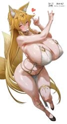 1girl animal_ears bare_shoulders blonde_hair breasts cleavage covered_erect_nipples fox_ears fox_girl fox_tail full_body gem hair_between_eyes heart huge_breasts long_hair looking_at_viewer multi_tail original pelvic_curtain red_gem revealing_clothes shiny_skin shoes simple_background solo tail tomo_eokaiteru yellow_eyes