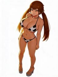 1girl 1girls absurd_res ai_generated annoyed beelceteam belly_button bikini bouncing_ass brown_hair cow_print cow_print_bikini curvaceous_female curvaceous_figure curvy_figure darkraiteam esther_waifu esthersita female female_focus female_only gold_eyes guibelverse heels hi_res high_heels high_resolution hourglass_figured_female huge_breasts large_breasts platform standing tagme twintails twitch white_background wide_hips youtube_hispanic