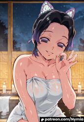 shinobu_kocho demon_slayer ai_generated towel wet_clothes multicolored_hair solo_female standing smile looking_at_viewer bath public_bathroom night_sky butt wet_skin wet_body smirk pose boobs candles steam fellatio_gesture smiling_at_viewer sexually_suggestive sweatdrop sweat