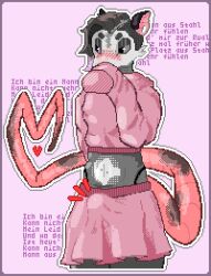 american_opossum anthro blush bottomwear bulge clothing covering covering_face cropped_sweater digital_media_(artwork) dither_rat dithering femboy flustered kerry_(intern) male mammal marsupial piercing pixel_(artwork) skirt solo standing