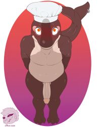 3_toes absurd_res anthro aquatic blush brown_body candy cetacean chef_hat chocolate clothing cock_shadow cocoa_(niney) dessert dolphin duo feet femboy food food_creature furgonomic_piercing furgonomics genitals hairless hands_behind_back hat headgear headgear_only headwear headwear_only hi_res humanoid_genitalia living_candy living_chocolate male male/male mammal mostly_nude nervous oceanic_dolphin orange_eyes orca piercing simple_background slightly_chubby slightly_chubby_male standing syrios tail tail_piercing toes toothed_whale