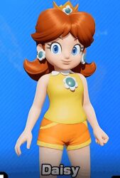 ai_generated animated animated_gif bare_legs blue_eyes brown_hair crown flipped_hair gif groin hips legs mario_(series) mario_tennis_fever nintendo orange_shirt orange_thong princess princess_daisy seducing seductive seductive_body seductive_look shirt shorts sleeveless_shirt smile thong undressing yellow_shirt yunih