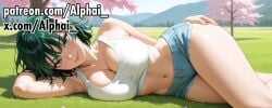 fubuki_(one-punch_man) one_punch_man one-punch_man 1girl full_body seductive_expression looking_at_viewer one_hand_on_ass propped_up_on_one_elbow head_upright hand_on_chin blue_denim_shorts white_crop_top navel cleavage green_hair nails big_breasts sexy_lips lubricated_skin sakura_flower_hair_ornament smile skindentation blush_lines thick_thighs outdoors sakura_tree falling_petals pink_petals mountains lying_on_grass white_lighting bright_ambient_light soft_shadows photorealistic detailed_skin detailed_hair beautiful_detailed_eyes depth_of_field patreon patreon_url patreon_link patreon_username 2025 2026 highres high_resolution high_quality absurd_res absurdres blushing ai ai_art ai_assisted ai_generated ai-created alphai