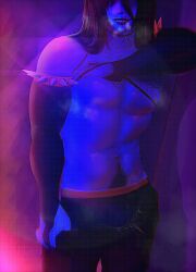 kris_(deltarune) kris_(dark_world_form) kris_dreemurr bulge bulge_through_clothing bulge_under_clothes presenting_bulge blue_skin deltarune mxdreemurr breath gloves long_hair long_gloves fishnets fishnet_clothing fishnet_topwear fishnet_shirt happy_trail treasure_trail black_lipstick piercings solo solo_focus solo_male nonbinary 1nonbinary
