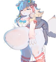 accessory ambiguous_species anthro belly big_belly big_breasts big_penis blonde_hair blue_eyes blush bodily_fluids bow_ribbon breast_grab breasts canid canine canis cum cum_inflation cum_inside domestic_dog duo excessive_cum excessive_genital_fluids female fur genital_fluids genitals grey_body grey_fur hair hair_accessory hand_on_breast huge_penis huge_thighs hyper hyper_genitalia hyper_penis inflation larger_female looking_at_viewer male male/female mammal motion_lines multicolored_hair open_mouth penetration penis simple_background size_difference smaller_male stomach_bulge sweat sweatdrop tail thick_thighs utterangle vaginal vaginal_penetration white_body white_fur white_hair