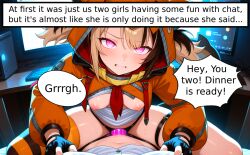 ai_generated blonde_hair dildo dildo_in_pussy dildo_insertion eye_contact eye_contact_pov gamer_girl gigi_murin grabbing_breasts growling hololive hololive_english idol lesbian lesbian_sex looking_at_viewer on_bottom on_chair pink_eyes pov shiny shiny_body shiny_skin small_breasts speech_bubble strap-on streaming sweat sweatdrop sweating teeth_clenched text_box twin_tails twink virtual_youtuber vtuber yuri