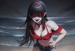 paigen ai_generated original original_character vasilica_(paigen) horror horror_(theme) 1girls female breasts monster_girl undead vampire vampire_girl sharp_teeth fangs vampire_fangs long_hair black_hair hime_cut shadow_over_eyes hair_band pointy_ears red_eyes black_sclera glowing_eyes choker medium_breasts sharp_nails beach water ocean swimsuit bikini denim denim_shorts clothes clothing clothed sand daisy_dukes frilled_bikini hand_on_hip