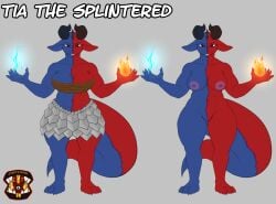 2026 animal_humanoid blue_eyes cherryterror dragon dragon_born dragon_humanoid elemental_manipulation english_text facing_forward fire fire_manipulation hi_res humanoid lightning_magic magic_user model_sheet multicolored_body mythological_creature mythological_scalie mythology nude nude_anthro nude_female red_eyes reference_image scale_armor scalie smile smiling_at_viewer solo_focus text