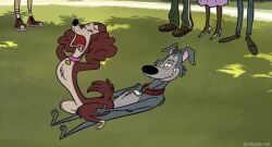 fixed_(film) netflix sony_pictures_animation background_characters genndy_tartakovsky 1boy 1girls anthro looking feral on canid canine canis collar dog tags dogs domestic duo focus female that looks like furry male only human style humanstyle laying back ground male/female missionary position offscreen orgasm face public sex in tag unseen character watching animated animated_gif