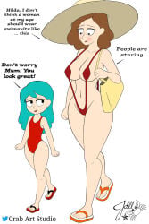 2girls alternate_version_available artist_name bag beachwear bikini blue_hair breasts brown_hair crab_art_studio dialogue flip_flops hilda_(hilda) hilda_(series) johanna_(hilda) jpg meggyfan26 mother_and_daughter netflix one-piece_swimsuit red_one-piece_swimsuit red_sling_bikini red_slingshot_swimsuit red_swimsuit red_swimwear sling_bikini slingshot_swimsuit swimsuit white_background yellow_bag