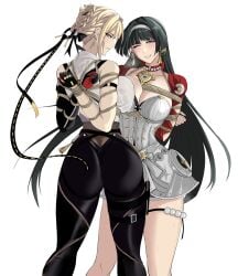 2girls absurdres arms_behind_back ass astra_yao bdsm black_gloves black_hair black_pants blonde_hair bondage bound bound_arms braid breasts choker commentary_request earrings evelyn_chevalier gloves hairband hao718 highres jewelry large_breasts long_hair looking_at_viewer multiple_girls one_eye_closed pants purple_eyes red_eyes rope shibari shibari_over_clothes skindentation sweatdrop thigh_strap very_long_hair white_background zenless_zone_zero