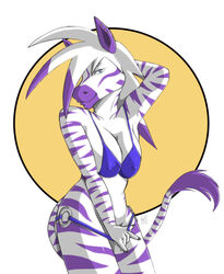 1girls big_breasts bikini blue_eyes breasts colored_hair diamond_(kadath) ear_piercing female_focus female_only furry kadath kadath_universe nipples simple_background solo tail zebra