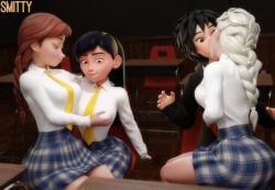 1boy 3d 3girls anna_(frozen) ass big_ass big_hero_6 biting_lip black_hair breast_grab breasts brown_hair classroom classroom_desk crossover crossover_pairing dark_hair deep_kiss deep_kissing disney elsa_(frozen) female frozen_(film) groping_breast hiro_hamada kissing large_ass lesbian lesbian_kiss long_hair making_out male marvel multiple_girls pigtails ponytail_female red_hair school_desk school_skirt school_uniform schoolgirl schoolgirl_outfit schoolgirl_uniform second-party_source sisters sitting_on_lap smitty34 straight the_incredibles violet_parr white_hair yuri