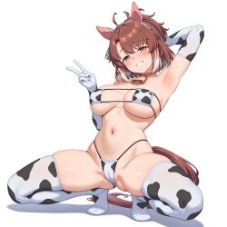 dantsu_flame_(umamusume) umamusume umamusume_pretty_derby ai_generated 1girl kneeling kneeling_female kneeling_position kneeling_on_ground big_breasts medium_breasts large_breasts cow cow_girl horse_ears horse_tail cow_bikini cow_panties cow_bra cow_socks large_socks long_socks micro_bikini micro_bra micro_panties open_legs blush blushing looking_at_viewer peace_sign one_arm_up one_arm_behind_head sweat sweating armpits armpits_fetish armpit armpit_fetish sweaty_body sweaty_armpits sweaty_armpit belly_button abdomen big_thighs bent_legs sexy_pose sexy_body sexy_female provocative provocative_pose provocative_outfit