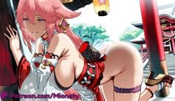 1girl ai_generated all_fours animal_ears artist_name ass bare_shoulders bent_over blush bottomless breasts detached_sleeves earrings english_text floppy_ears fox_ears from_side genshin_impact grin hair_between_eyes hair_ornament half-closed_eyes hanging_breasts high_heels hoyoverse inazuma_girls japanese_clothes jewelry lantern large_breasts long_hair long_sleeves looking_at_viewer mihoyo mionety nontraditional_miko obi okobo outdoors panties panty_pull parted_lips patreon_username pink_hair purple_eyes sandals sash shirt sideboob sidelocks sleeveless smile solo thigh_strap thighs toes torii tree underwear very_long_hair vision_(genshin_impact) web_address white_sleeves wide_sleeves yae_miko