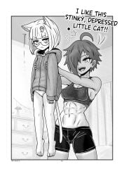 2girls abs animal_ears asymmetrical_bangs barefoot bed bedroom breasts carrying carrying_person cat_ears cat_tail english_text feet glasses hair_ornament holding hood hoodie kaschmatz medium_breasts midriff monochrome multiple_girls nipples_visible_through_clothing one_eye_covered original original_characters panties short_hair shorts small_breasts sports_bra tagme tail tan tanline underwear