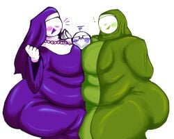 nun islam religion christianity worship_(tori) sir_sirangrang 2girls chubby clothed 1boy glasses tight_clothing blush blushing chubby_female pressed_together tagme