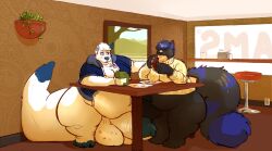 ambiguous_species anthro balls belly belly_tuft big_balls big_belly big_butt big_penis big_tail bottomless butt clothed clothing dessert doughnut duo eating english_text feet fluffy fluffy_tail food front_view furniture genitals holding_food holding_object huge_balls huge_penis hyper hyper_balls hyper_genitalia hyper_penis jacket joebluefox looking_at_another male male/male open_clothing open_jacket open_topwear overweight overweight_male pastry pear-shaped_figure penis restaurant stool sweater table tail text thick_thighs topwear tuft whiskers wide_hips
