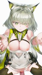 1boy 1girl absurdres animal_ears arknights bare_shoulders blush breasts breasts_out cat_ears cat_girl cleavage closed_eyes clothed_sex commentary_request detached_sleeves dress from_above frown green_eyes green_hair hands_up highres hug_invitation kal'tsit_esperanta_(arknights) long_hair looking_at_viewer looking_up medium_breasts mizuhashi_parusui nipples no_bra no_panties open_mouth penis pussy reaching reaching_towards_viewer see-through_clothes see-through_dress sex sitting solo_focus vaginal very_long_hair