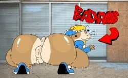 aliasing animated anthro anus big_butt black_eyes blue_clothing blue_footwear blue_hoodie blue_shoes blue_topwear brown_body butt clothed clothing crouching detailed_background digital_media_(artwork) directional_arrow dot_eyes eyebrows female female_focus footwear genitals gesture glistening glistening_anus glistening_butt hand_gesture hat headgear headwear hoodie how_to_be_cool huge_butt hyper hyper_butt lagomorph looking_at_viewer looking_back mammal mouth_closed multicolored_body multicolored_clothing nxyitn pantsless partially_clothed peeb_(piemations) pixel_(artwork) pixel_animation pointing pointing_at_another puffy_anus red_arrow red_text scut_tail shoes short_tail simple_eyes smile solo tail text thick_thighs topwear vulva waving waving_at_viewer whiskers yellow_clothing yellow_hat yellow_headwear
