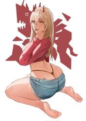 1girls ass ass_cleavage barefoot big_ass blonde_hair blue_shorts bottomwear bottomwear_halfway_down chainsaw_man demon demon_girl demon_horns feet female female_only hair leopard_print leopard_print_thong long_hair luwdd on_knees pink_shirt power_(chainsaw_man) shirt shorts sideboob solo solo_female thong underwear white_background yellow_eyes