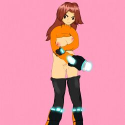 bad_art boobs_out brown_hair buymebobux cannon dress dress_lift female_focus female_only glowing_accessory mii mii_gunner_(smash_4) nintendo posing pubic_hair super_smash_bros. tights_down