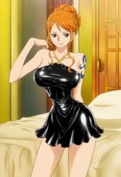 ai_generated bed bedroom big_breasts brown_eyes dress earrings ginger hair_ornament hair_tied_up hair_up hourglass_figure latex latex_clothing latex_dress looking_at_viewer nami_(one_piece) one_piece orange_hair posing posing_for_the_viewer short_dress smiling tattoo tattooed_arm tied_hair
