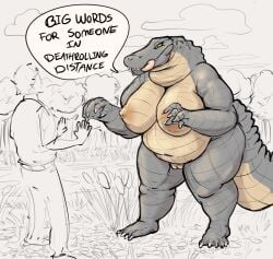 alligator alligatorid anthro belly big_breasts breasts crocodilian dialogue doctordj duo english_text eyelashes female genitals green_eyes hi_res human human_on_anthro interspecies larger_anthro larger_female male male/female male_human mammal non-mammal_breasts overweight overweight_anthro overweight_female reptile scales scalie sharp_teeth size_difference smaller_human swamp tail teeth text thick_tail thick_thighs ventral_scales vulva