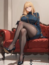 2026 ai_generated blonde_hair blush breasts censored cleavage clothing crossed_legs detailed fate/strange_fake fate_(series) female furrowed_brow grey_eyes grey_hair hair_over_shoulder hair_slicked_back hara_(harayutaka) heels hi_res high_heels highres illumaru indoors large_breasts long_hair pantyhose parted_lips patreon_username pectorals sitting sofa stable_diffusion thick_thighs vera_levitt