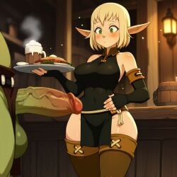 1boy 1girl 1orc ai_generated big_breasts blonde_hair blush bottomless bwork cra curvy dofus elf evangelyne exposed_thighs female freckles green_eyes loincloth long_boots looking_at_penis male orc orc_male penis plate pointy_ears serving_food tavern touching_own_belly wakfu