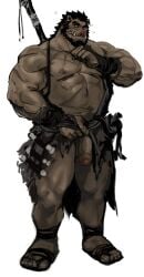 absurd_res anthro beard biceps black_hair dopq facial_hair fangs genitals glans hair hi_res male mammal muscular muscular_anthro muscular_male nipples pecs penis pig_nose scar simple_background solo suid suine sus_(pig) teeth weapon weapon_on_back white_background wild_boar