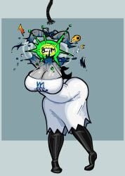 vriska_serket gnosticin3d homestuck cleavage bondage dress hands_behind_head hands_tied bound_wrists bound suspension suspension_bondage thighhighs curvy large_breasts chubby chubby_female death snuff decapitation head_explosion explosion severed_body_part severed_arm amputee blood_splatter blood unusual_blood armpits eyeball guro ryona