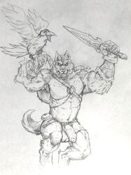 5_fingers abs anthro armpit_hair avian badcoyote balls beak biceps bird black_and_white body_hair canid canine canis claws clothing fangs feathered_wings feathers feral fingers foreskin genitals half-erect hi_res looking_at_viewer male male_only mammal manly melee_weapon muscular muscular_male navel pecs penis pubes sharp_teeth simple_background snarling solo teeth traditional_media_(artwork) triceps uncut weapon were werecanid werecanine werewolf wings wolf