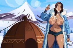 1boy 1boy1girl 1girls 2d areolae artist_logo artist_name avatar_the_last_airbender big_breasts breasts breasts_bigger_than_head brother_and_sister brown-haired_female brown-skinned_female brown_hair brown_hair_female bukkake cum_on_face full_version_at_paywall incest jiggling_breasts katara neophite-byte nipples outdoors paizuri part_2 partial_male penis penis_between_breasts pixel_art snow sokka straight tan_lines tanlines tent titfuck topless topless_female waterbender