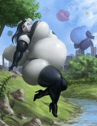 anthro balloon belly big_belly big_breasts black_hair breasts city cityscape female floating furry high_heels huge_belly huge_breasts imminent_death inflation large_breasts latex long_hair looking_at_viewer mind_break outdoors popping scalie tara_(taranima) taranima thick_thighs thighhighs transformation wardrobe_malfunction