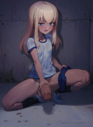 1futa black_socks blonde_hair blue_buruma blue_eyes blush breasts buruma commentary english_commentary erection full_body futanari futanari_masturbation gym_uniform highres huge_penis long_hair masturbation original outdoors penis precum shirt shoes short_sleeves shorts shorts_around_one_leg sidelocks small_breasts socks solo squatting steaming_body susumu_(zoryc) toned toned_female uncensored white_shirt white_shoes zoryc