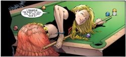 1girls 2d 2d_(artwork) alien alien_girl bent_over bent_over_table billiard_ball billiard_cue billiard_table billiards black_shirt blonde_female blonde_hair butt_outline canonical_scene clothed comic_panel cropped_image dc dc_comics dialogue eyebrow_raised eyebrows fair_skin female female_focus female_only holding_object humanoid kara_zor-el kryptonian light-skinned_female long_hair looking_at_viewer looking_back official_art playing_pool pool_ball pool_table red_skirt round_butt sfw silhouetted_face skirt speech_bubble supergirl supergirl_(series) supergirl_(volume_5) superman_logo t-shirt talking talking_to_another threatening western_art wristband wristwatch